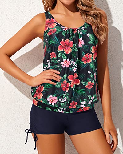 Modest Print Colorful Blouson Tankini Swimsuits For Women-Navy Blue Flowers