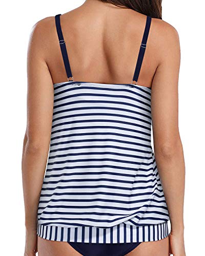 Modest Scoop Neck Blouson Tank Top Women's Tankini Tops Only-Blue And White Stripes