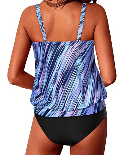 Soft Push Up Bra Cups Blouson Tankini Swimsuits For Women-Blue And Black Stripe