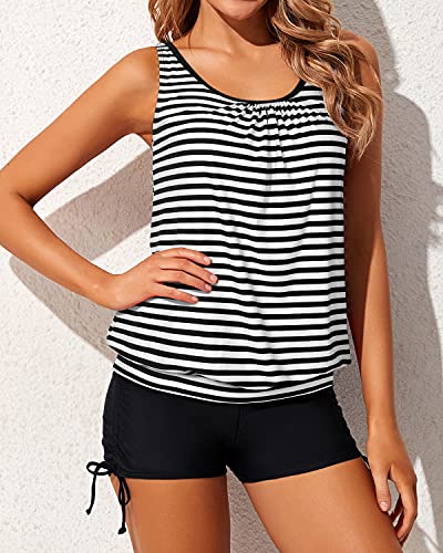 Loose Fit 2 Piece Bathing Suits Blouson Tankini Tops And Boyshorts-Black And White Stripe