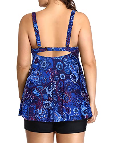 Women's Flowy Plus Size Bathing Suits Boy Shorts-Blue Tribal