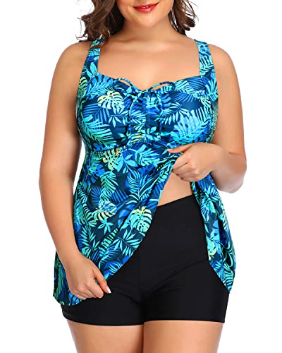 Adjustable Shoulder Straps Bathing Suits Tankini Swimsuits Shorts-Blue Leaves