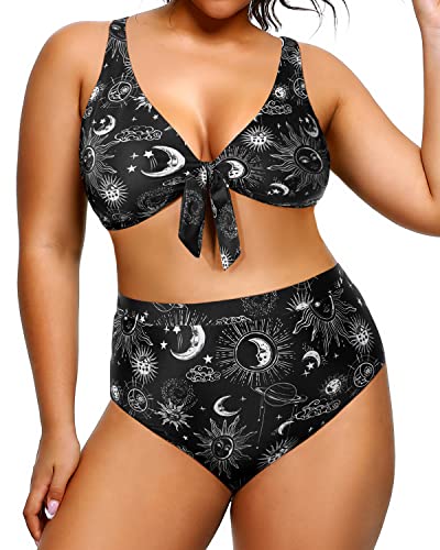 Women's Plus Size Bikini High Waisted Swimsuits Two Piece Bathing Suits-Black Sun And Moon