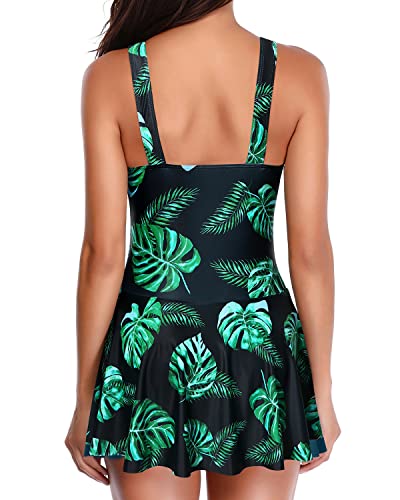 Flattering And Elegant Swim Dresses For Women One Piece-Black And Green Leaf