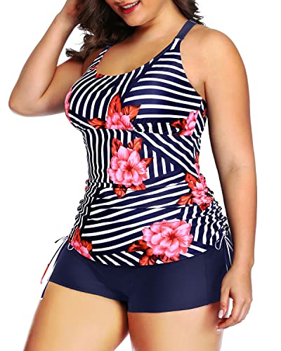 Women's Plus Size Tankini Swimsuit Top Shorts Athletic 2 Piece Swimwear-Blue Floral