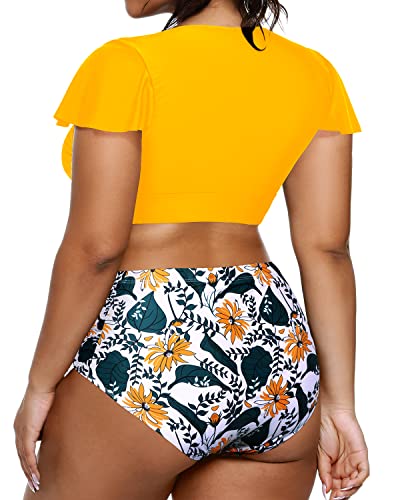 Two Piece Plus Size Bikini Set High Waisted Swimsuit For Women-Yellow Floral