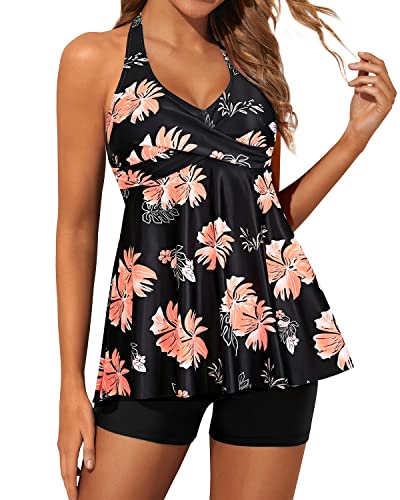 Adjustable Self-Tie Tankini Swimsuits For Women Shorts-Black Orange Fl –  Yonique