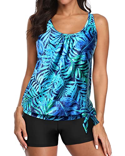 Boyleg Bottoms Padded Bra Tankini Bathing Suit For Women-Dark Blue Green Leaves