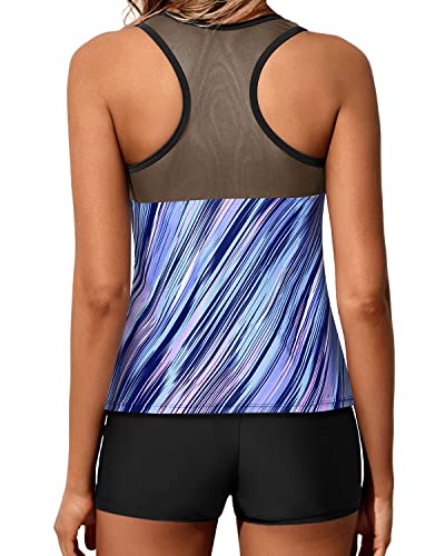 Tummy Control Racerback Tank Top & Boy Short Bottoms Swimwear For Women-Blue And Black Stripe