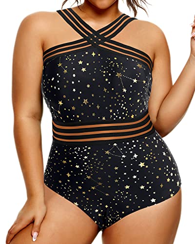 Slimming High Neck Swimwear Plus Size One Piece Swimsuit-Gold Stars