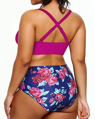 Sexy V Neck High Waisted Plus Size Bikini Bathing Suits-Pink Floral