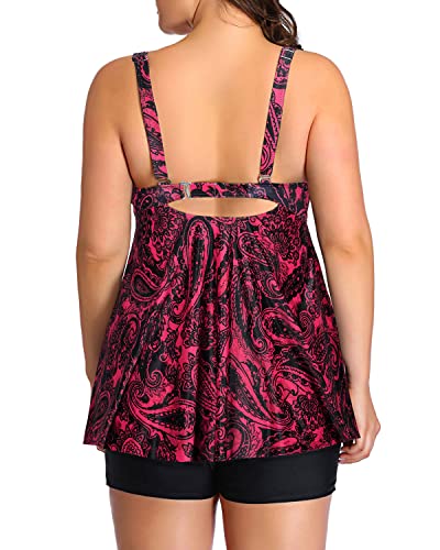 Flyaway Plus Size Tankini Swimsuits For Women Shorts-Red Paisley