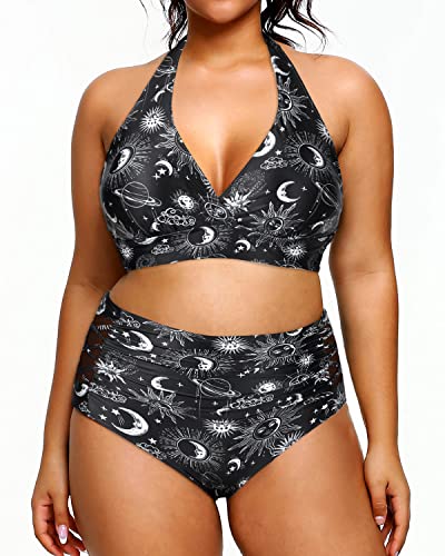 Women's Tummy Control Two Piece Plus Size High Waisted Bikini Swimsuit-Black Sun And Moon