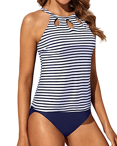 Two Piece Bathing Suit Flattering Design Backless Tankini-Blue White Stripe