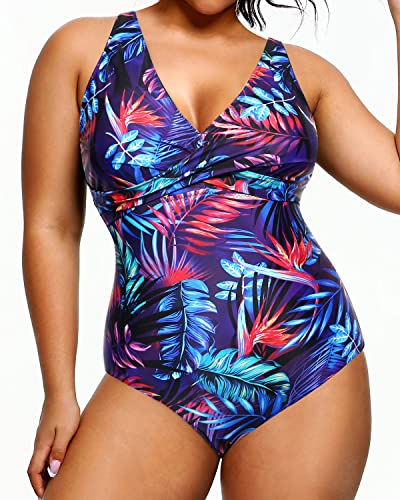 Twist Front Cross Plus Size Swimsuit For Women Slimming Bathing Suit-Blue Leaves