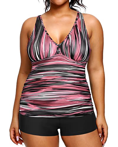 Two Piece Plus Size Tankini Swimsuits Shorts Tummy Control Bathing Suits-Pink Stripe