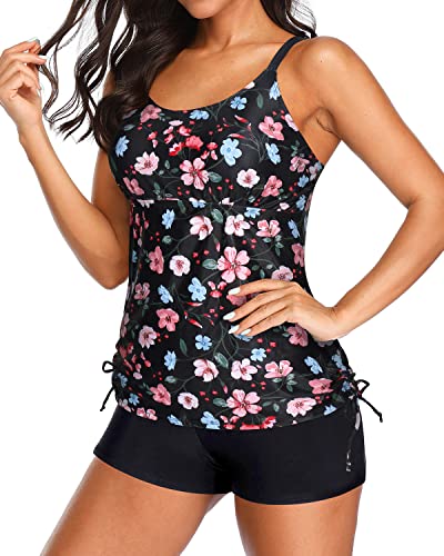 Tummy Control Tankini Side Tie Tank Top For Women-Black And Pink Floral