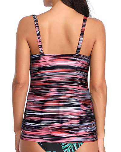 Swim Top Blouson Tankini Top No Bottom Loose Fit-Pink Stripe