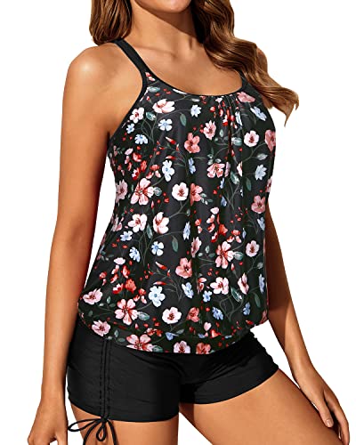 Blouson Tankini Swimsuits Slimming Tummy Control Criss Cross Swimwear-Black And Pink Floral