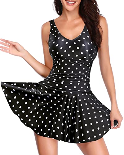 Stylish Tummy Control Long Swim Dress Ruched Detailing For Women-Black Polka Dot