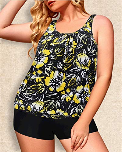 Adjustable Strap Tankini Tops Swim Shorts For Women-Black And Yellow Floral