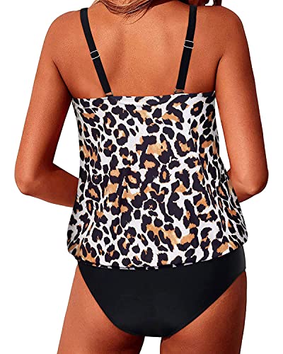 Loose Fit Mid Waist Blouson Tankini Bathing Suits Women 2 Piece Tankini-Black And Leopard