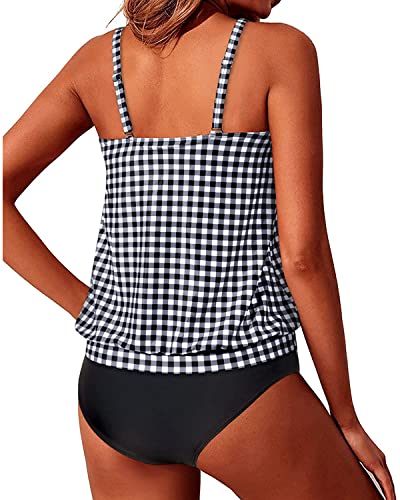 Push Up Bra Cups Tankini Bathing Suits For Women-Black And White Checkered