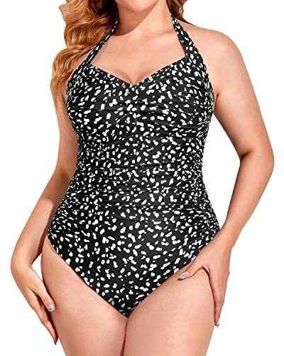 Sweetheart Neckline Ruched Plus Size One Piece Swimsuit-Black Dot