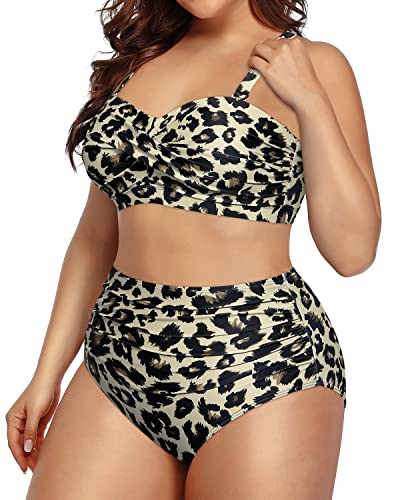 Plus Size Two Piece Swimsuits High Waisted Bathing Suits Bandeau Bikini-Leopard