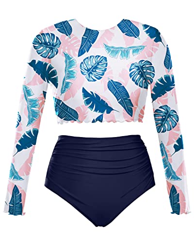 Women's Long Sleeve Swimsuit Rash Guard Crop Swim Tops Shorts Two Piece-Blue Pink Leaves