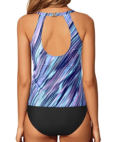 Keyhole Backless Tankini Bathing Suit High Waisted Swim Shorts For Women-Blue And Black Stripe