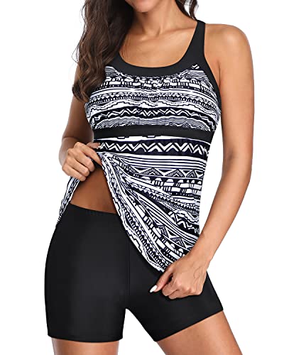 Athletic Racerback Two Piece Tankini Bathing Suits For Women-Black Tribal