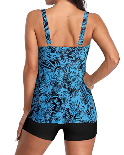 V Neck Swim Tank Tops Bathing Suits Modest Swimwear For Women-Black And Tribal Blue