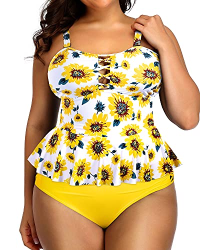 Lace Up High Waisted Swimwear For Women Bandeau Top-Yellow And Sunflower