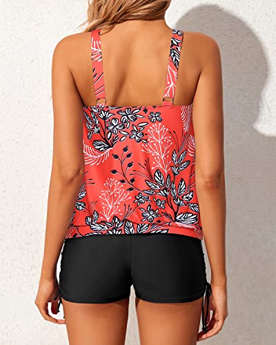 Womens Swimsuits Side Ties Blouson Tankini Swimsuits-Red Floral