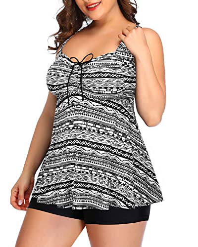 Cut Out Back Tankini Swimsuits Plus Size Flowy Swimwear For Women Shorts-Black Tribal