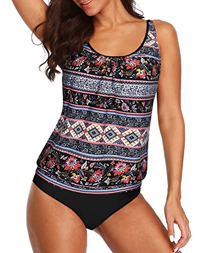 2 Piece Stylish Tankini Swimsuits For Women No Show Cleavage-Black Tribal