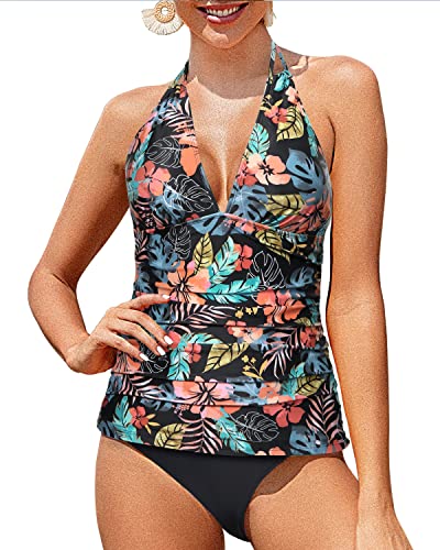 Adjustable Straps Padded Bra Tankini Swimsuits Tummy Control-Black Red Flower