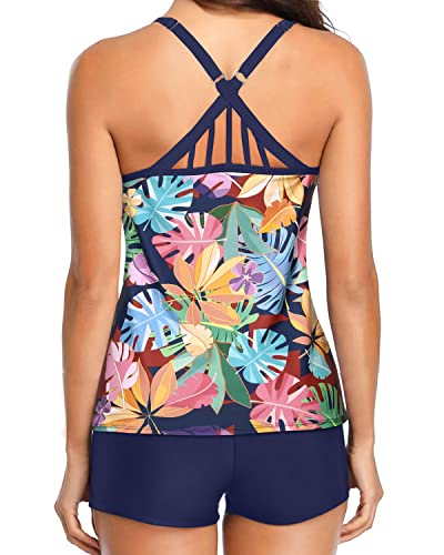 Tummy Control Two Piece Tankini Set For Women Boy Shorts-Blue Leaves