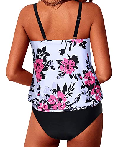 Women's Flattering Two Piece Blouson Tankini Swimwear-White Floral