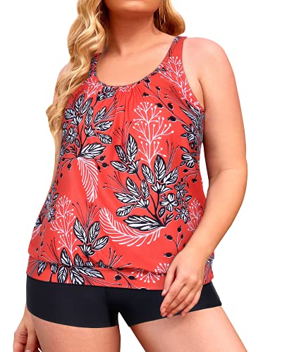 High Waisted Blouson Tankini Bathing Suits For Women-Red Floral