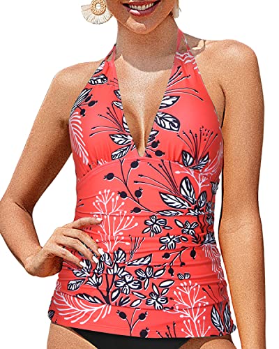 Slimming Double Strap Front Shirred Open Back Tankini Tops For Women Swimwear-Red Floral