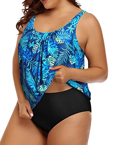 Women's Plus Size Two Piece Swimsuit Blouson Tankini Swimsuit-Blue Leaves