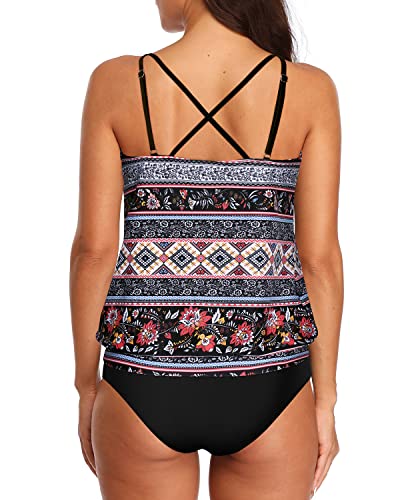 2 Piece Stylish Tankini Swimsuits For Women No Show Cleavage-Black Tribal