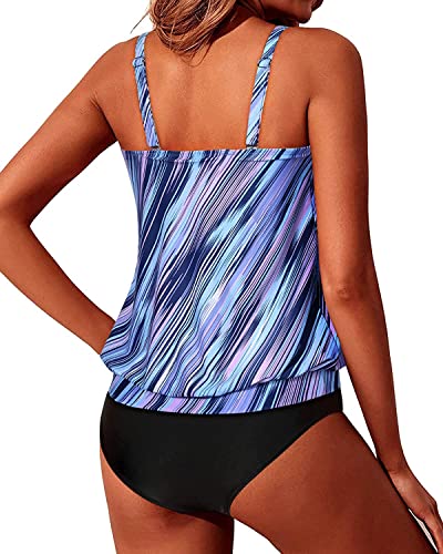 Soft Push Up Bra Cups Blouson Tankini Swimsuits For Women-Blue And Black Stripe