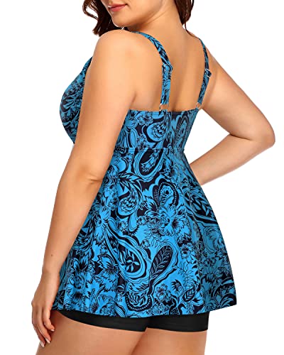 Plus Size Flyaway Bathing Suits Adjustable Shoulder Straps-Black And Tribal Blue