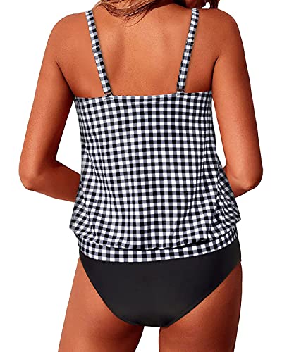 Push Up Bra Cups Tankini Bathing Suits For Women-Black And White Checkered