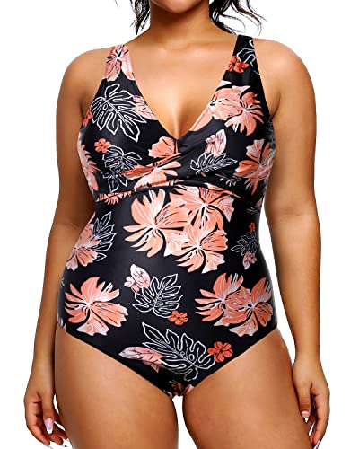 One Piece Plus Size Swimwear Push-Up Bra For Women-Black Orange Floral