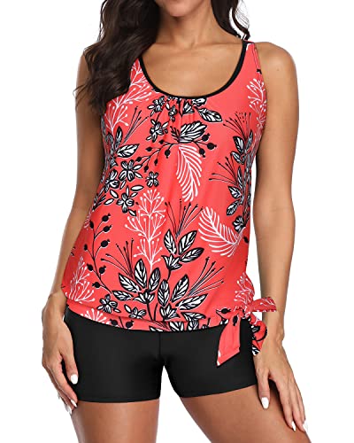 Blouson Tankini Top Shorts Tummy Control Tankini Bathing Suit For Women-Red Floral