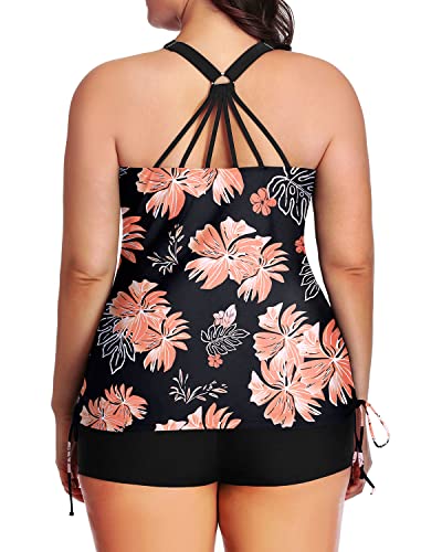 Full Coverage Plus Size Bathing Suit For Women Two Piece Ruched Swimsuit-Black Orange Floral